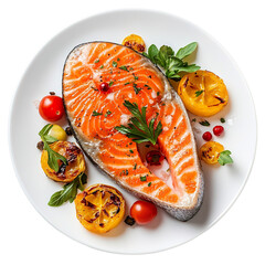 Roasted salmon steak and vegetables Isolated on a transparent background