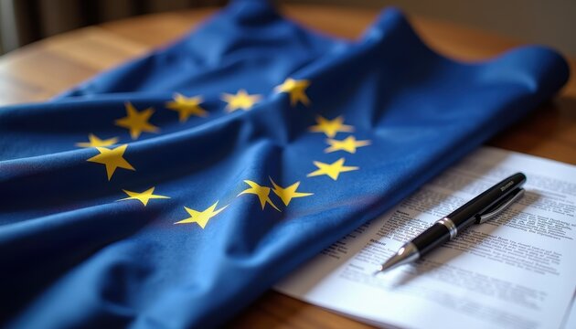 A European Union flag with golden stars on a blue background rests elegantly on a document, symbolizing Europe Day's celebration of peace, unity, and shared European values