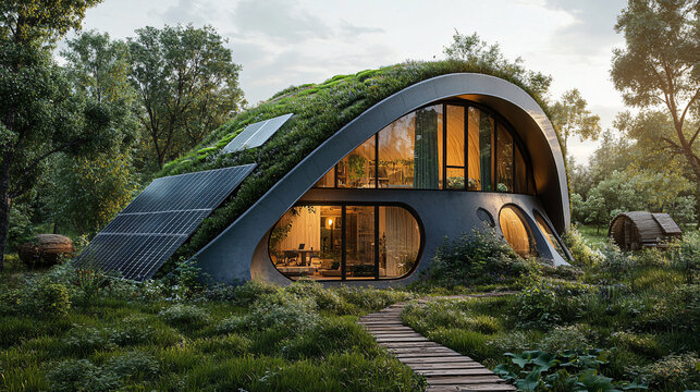 Futuristic eco house solar panel roof modern architecture organic curve green energy home sustainable living building environment nature structure vegetation sunlight innovation technology curved wall