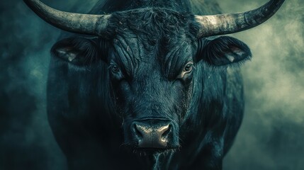 Naklejka premium Powerful black bull, misty field, intense stare, strength