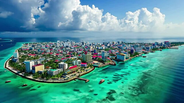 Aerial view of Mal, the capital of the Maldives, showcasing vibrant city life and stunning turquoise waters beneath a clear blue sky at midday