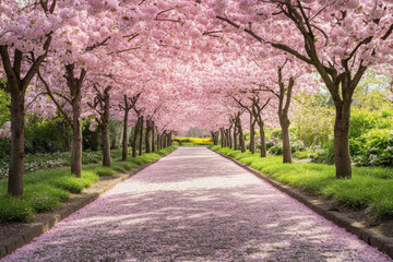 Naklejka premium Peaceful cherry blossom pathway with vibrant trees and scattered petals