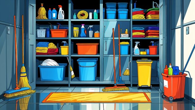 An office janitors closet with mops brooms and cleaning supplies on manga design illustration background