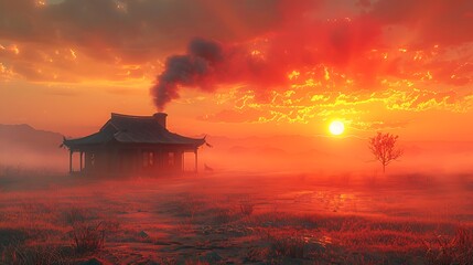 Fototapeta premium Serene sunset over a tranquil landscape with a traditional house, smoke rising, and misty fields