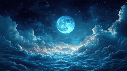 Enchanting Night Sky Full Blue Moon Above Dreamlike Cloudscape