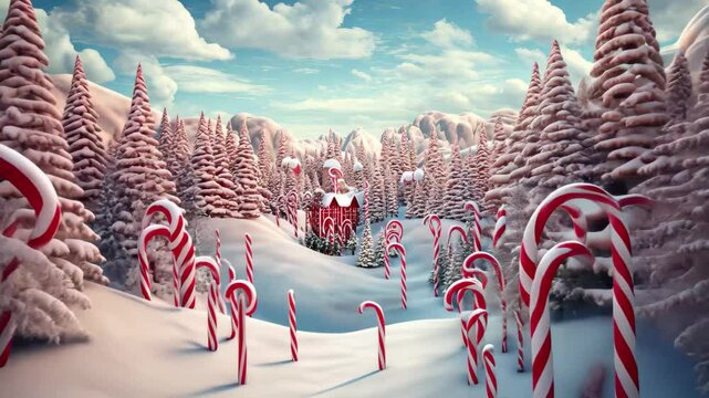 Journey through a whimsical candy cane forest filled with gumdrop trees in a magical winter landscape under a clear blue sky during daylight