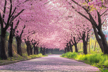 Naklejka premium Scenic cherry blossom pathway with soft petals scattered on the ground