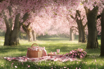 Cozy picnic under blooming cherry blossom trees with pink petals and wicker basket