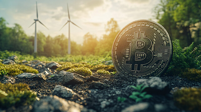 Giant bitcoin coin embedded soil earth monument forest renewable energy wind turbine background digital currency symbol crypto future finance nature sunlight eco blockchain green landscape economy
