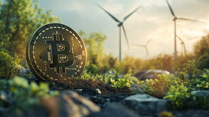 Giant bitcoin coin embedded soil earth monument forest renewable energy wind turbine background digital currency symbol crypto future finance nature sunlight eco blockchain green landscape economy