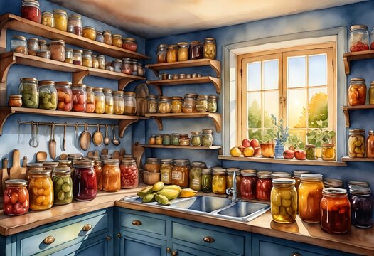 Sunlit Kitchen with Shelves of Homemade Preserves
