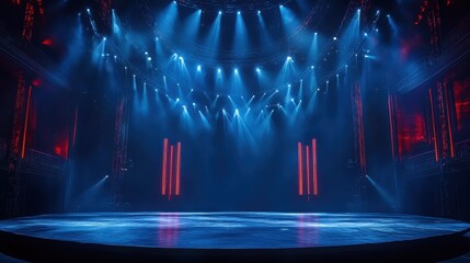 Large round modern stage with spotlights and red neon lights for a performance