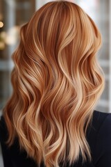 Naklejka premium Beautiful long wavy hair with warm tones showcased in a stylish setting during soft lighting