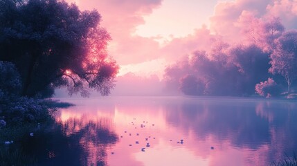 Serene Pink Sunset over Calm Lake Misty Trees Tranquil Nature Scene