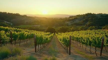 Fototapeta premium Golden Hour Vineyard Rows at Sunset Rural Landscape
