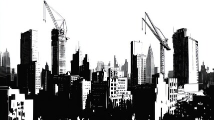 Black and white city skyline under construction