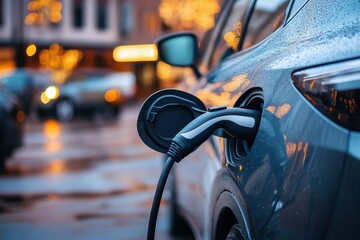 Electric vehicle charging at night in an urban setting with festive lights illuminating the background