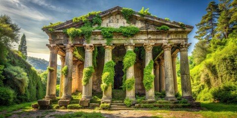 Obraz premium Ancient Greek temple ruins overgrown with vines and moss , ancient, stone, ancient,stone,greece