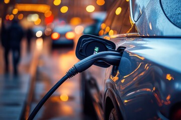 Electric vehicle charging during evening hours in an urban setting with city lights reflecting on wet pavement