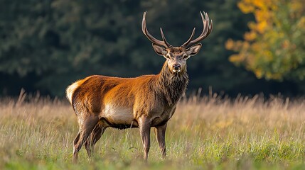 Majestic Red Deer in Autumn Grassland