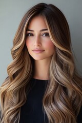 Fototapeta premium Young woman with long wavy hair poses in a casual setting, showcasing a natural beauty and warm expression