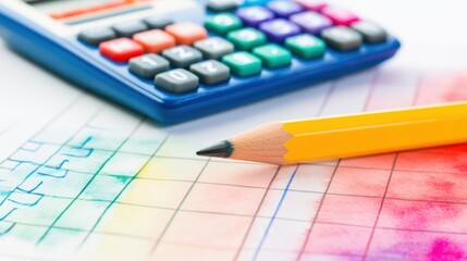 Closeup of Calculator, Pencil, and Colorful Grid Paper: Math, Education, and Creativity
