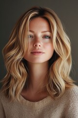 Naklejka premium Young woman with blonde wavy hair poses against a neutral background with a serene expression in a cozy indoor setting during daylight hours