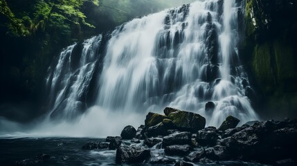 Majestic Waterfall Cascading Over Dark Rocks Lush Green Foliage Serene Nature Scene