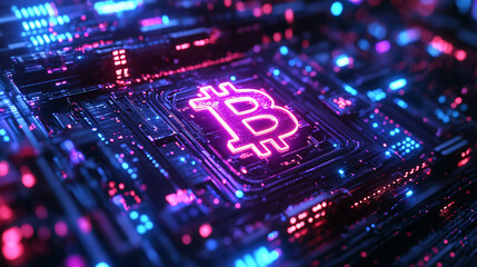 Obraz premium Glowing golden bitcoin coin floating cyberspace digital finance blockchain futuristic tech concept network bright crypto symbol electric virtual data matrix background currency economy wealth light