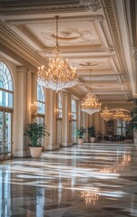 Fototapeta premium Odessa's opera house interior displays luxurious European architecture with marble arches and historic hall windows