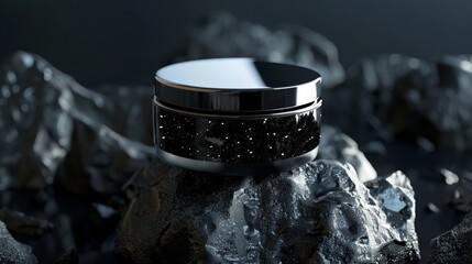 Luxurious Black Cosmetic Jar on Dark Rocks Skincare Product Mockup Elegant Packaging Design