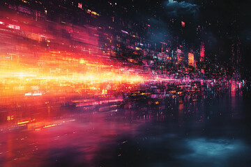 Frantic Chaotic Digital Patterns Colliding and Interacting with Energy Streaks of Different Colors, Settling into a Unified Organized Digital Grid with Smooth Transitions