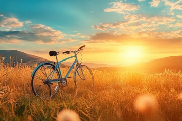 Naklejka premium Blue bicycle stands in golden field at sunset. Perfect for travel, recreation, or health themes.