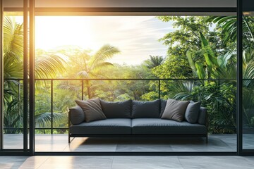 Tropical balcony sunset view, relaxing sofa