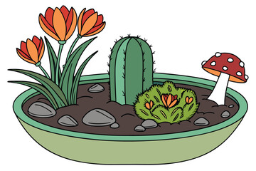 92 Succulent arrangement, miniature garden, green ceramic pot, vibrant colors, red and orange flowers, cactus, decorative mushroom, tiny watering can, moss, pebbles, detailed textures, macro photograp