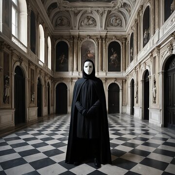 Mysterious Figure in Black Robe and Mask in Grand Hall