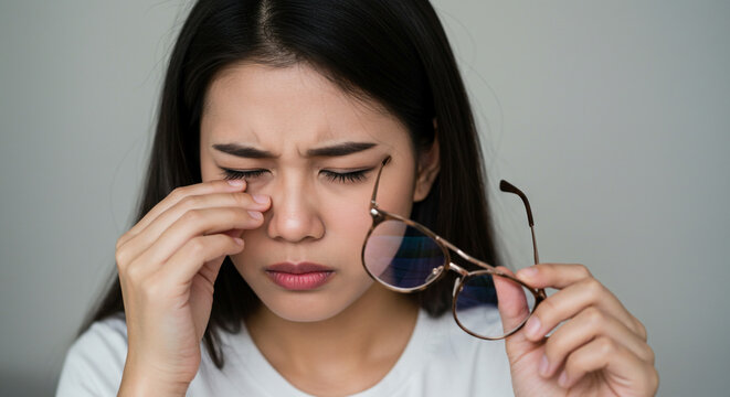 A young woman experiencing eye strain, gently touching her eye while holding her glasses, conveying a feeling of tiredness and discomfort against a neutral background.
