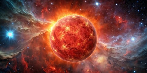 Naklejka premium A red supergiant star in space with a reddish hue and wispy clouds of gas, set against the backdrop of deep space, Supernova, Stellar Evolution