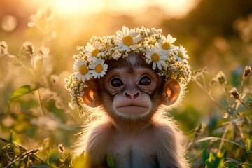 Fototapeta premium Golden hour in sunset. Summer happiness. Cute baby animal hanuman langur wearing savage flower wreath on its head. Wild creature in peaceful retreat. Peaceful wild animal in nature.