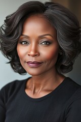 Fototapeta premium Portrait of a confident woman with elegant hairstyle and striking features showcasing natural beauty in a professional setting
