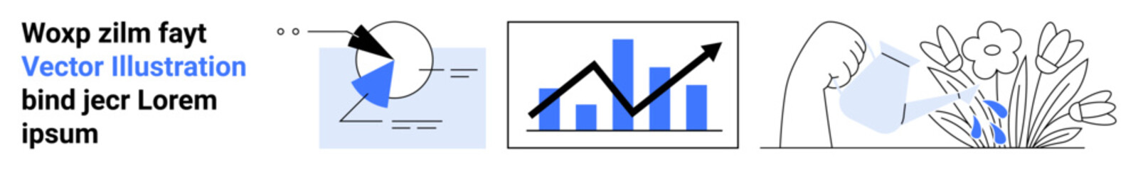 Pie chart, bar graph with upward trend, and hand watering flowers. Ideal for analytics, growth, sustainability, economy, education, nature simple landing page