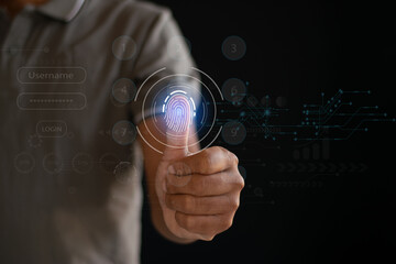 Fingerprint Scanning Cyber ​​Security Concept Man Scanning Fingerprint On Virtual Screen