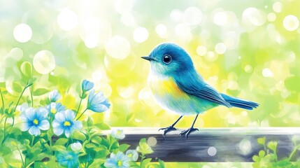 Obraz premium Serene Blue Bird Perched on Branch Amidst Vibrant Spring Blossoms and Soft Sunlight
