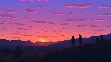 Fototapeta premium Sunset Cowboys Desert Landscape.