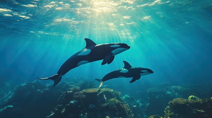 Two orcas swim in blue ocean water above coral reef with sun rays. Use for conservation messages or sea life educational projects.