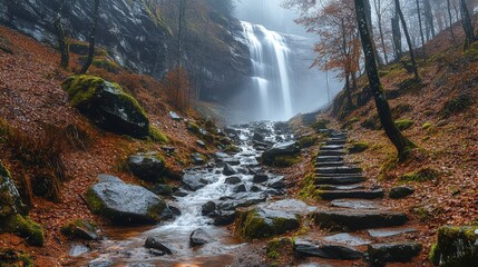 Majestic waterfall cascading through a misty autumn forest with vibrant foliage and rocky pathways in serene nature setting