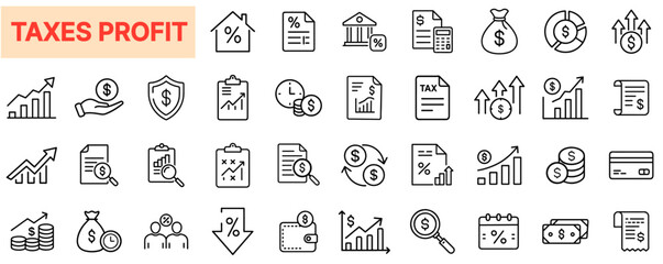 Taxes and Profit Icon Set – Financial Reports, Income Growth, Taxation, ROI, Budget Planning, Economic Forecast