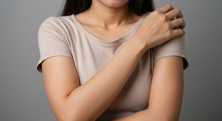 A woman gently touching her shoulder, experiencing discomfort and needing relief against a simple grey background.