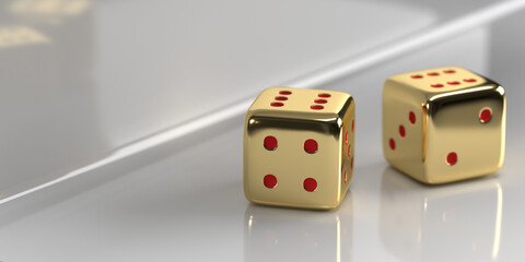 Gambling and risk concept. 3D rendered, gol color two dices  on white background. © Stockwars