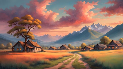 A picturesque village nestled a valley, bathed warm glow a sunset, mountains background.